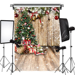 Lofaris Snowy Wooden House With Christmas Tree Bells Backdrop