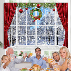 Lofaris Snowy World With Christmas Wreath Curtain Backdrop