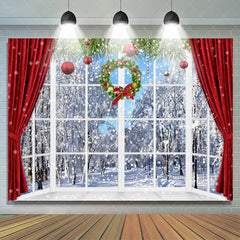 Lofaris Snowy World With Christmas Wreath Curtain Backdrop