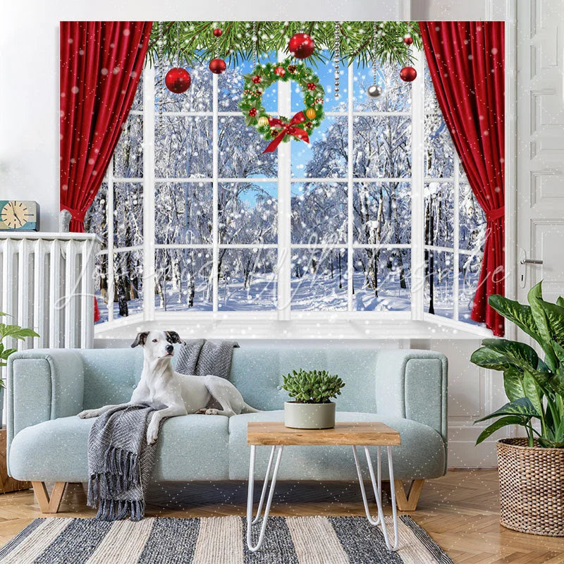 Lofaris Snowy World With Christmas Wreath Curtain Backdrop