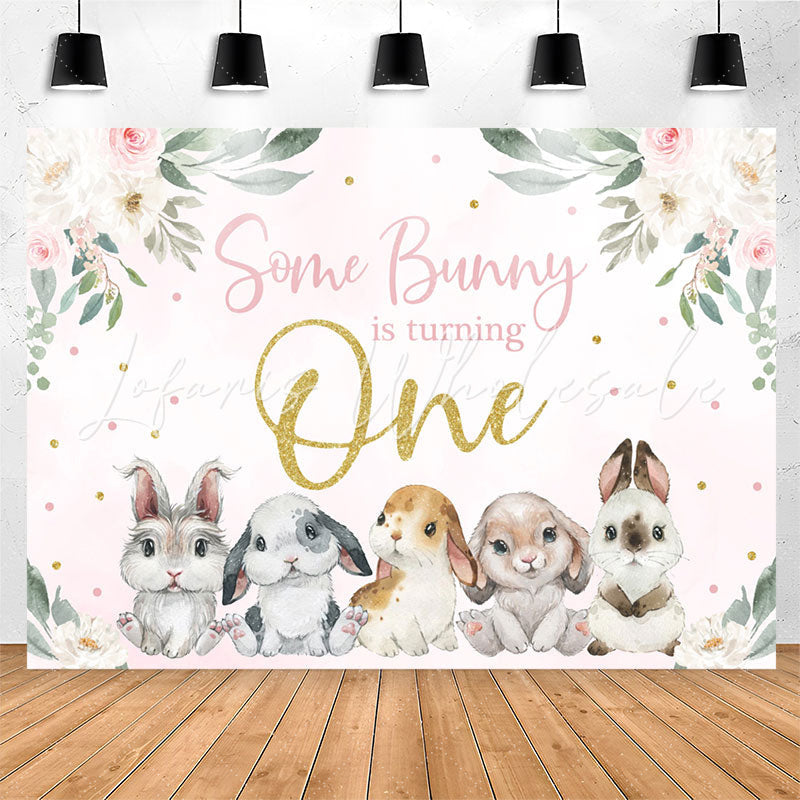 Lofaris Some Bunny Pink Floral Rabbit 1st Birthday Backdrop