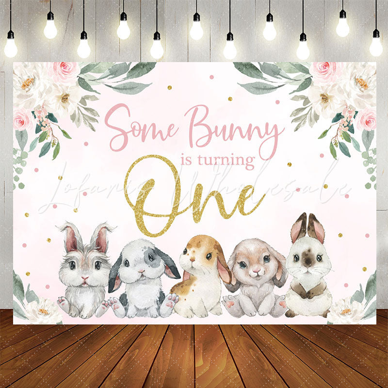 Lofaris Some Bunny Pink Floral Rabbit 1st Birthday Backdrop