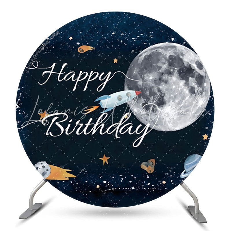 Lofaris Space Moon Rocket Happy Birthday Round Backdrop Cover