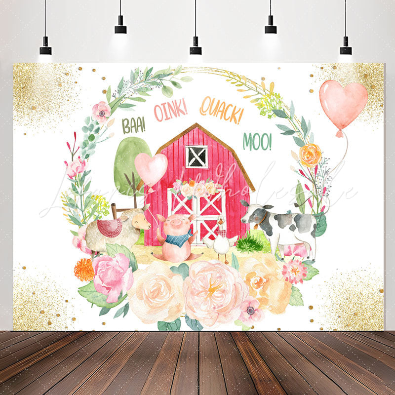 Lofaris Sparkle Floral Wooden House Animal Birthday Backdrop