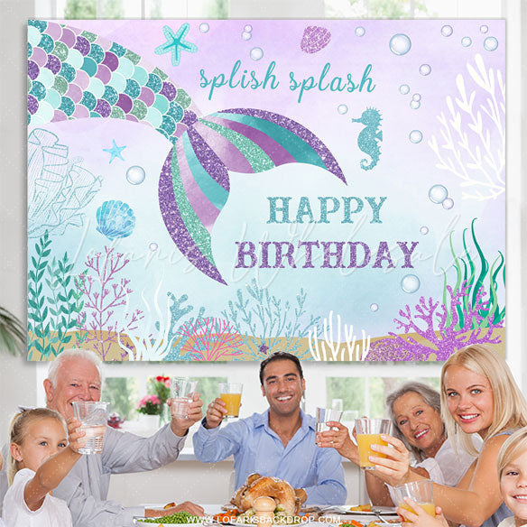 Lofaris Splish Splash Mermaid Sea Theme Happy Birthday Backdrop