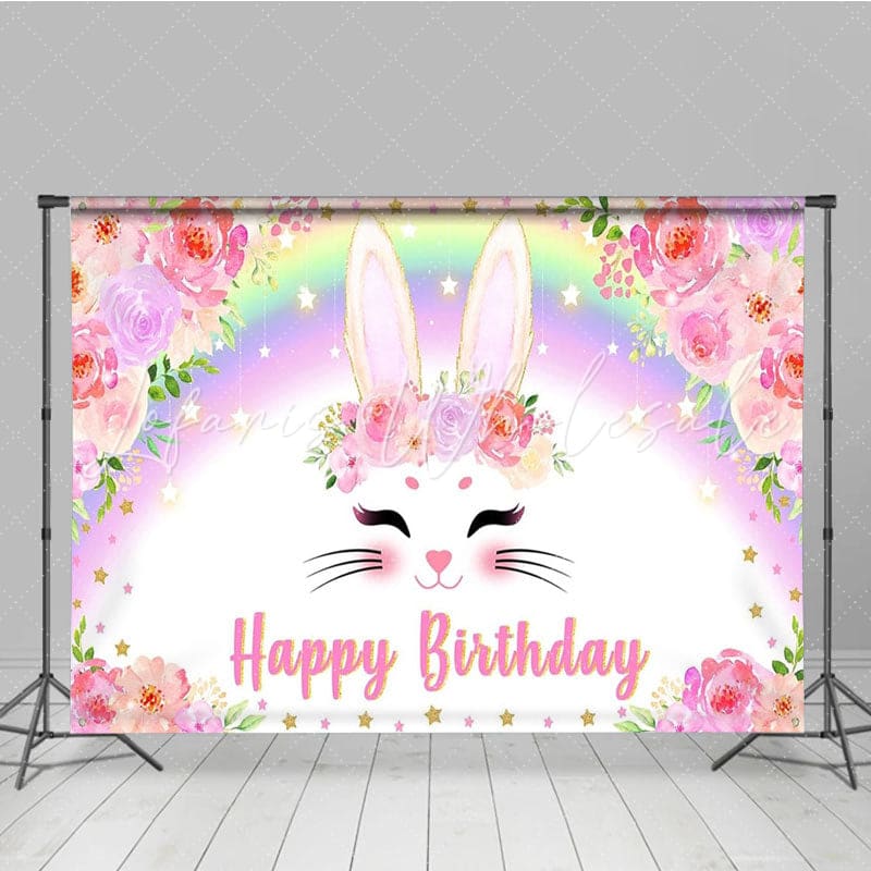 Spring Easter Pink Floral Rainbow Bunny Happy Birthday Party Backdrop