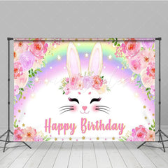 Spring Easter Pink Floral Rainbow Bunny Happy Birthday Party Backdrop