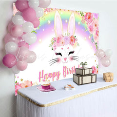 Spring Easter Pink Floral Rainbow Bunny Happy Birthday Party Backdrop