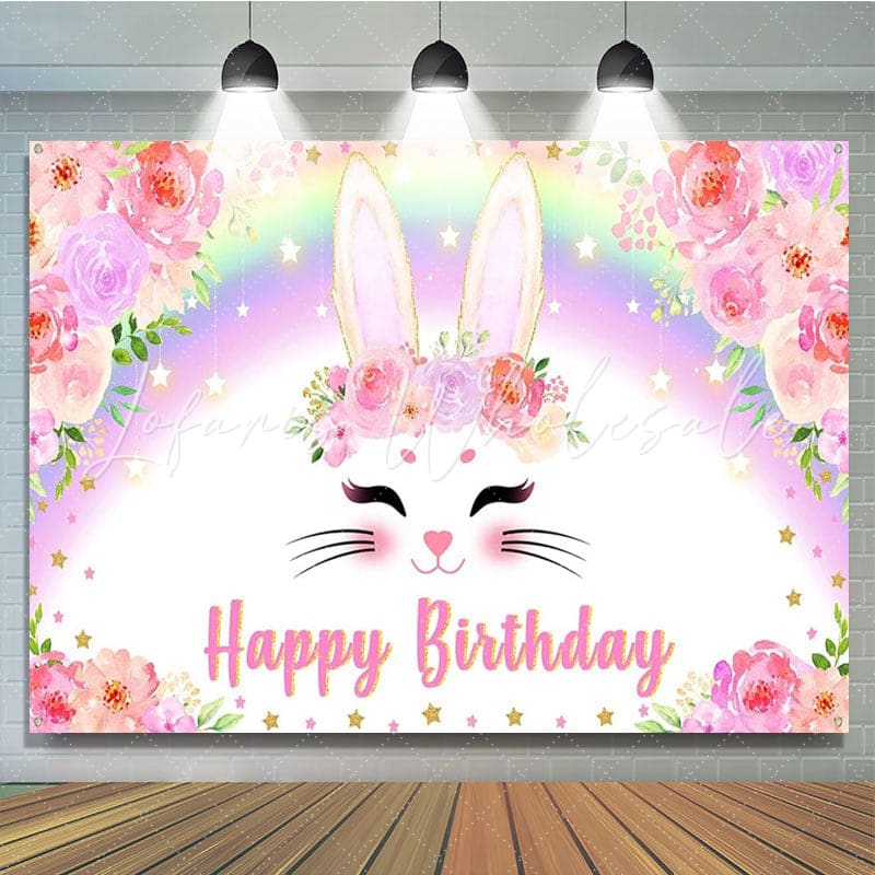 Spring Easter Pink Floral Rainbow Bunny Happy Birthday Party Backdrop