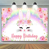 Spring Easter Pink Floral Rainbow Bunny Happy Birthday Party Backdrop
