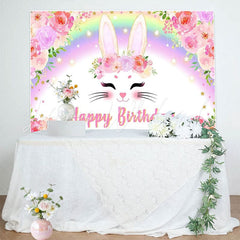 Spring Easter Pink Floral Rainbow Bunny Happy Birthday Party Backdrop