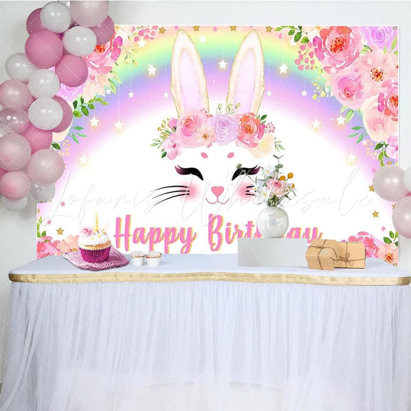 Spring Easter Pink Floral Rainbow Bunny Happy Birthday Party Backdrop
