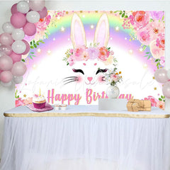 Spring Easter Pink Floral Rainbow Bunny Happy Birthday Party Backdrop