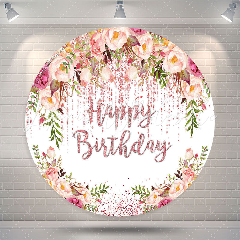 Lofaris Spring Floral Rose Gold Glitter Round Birthday Backdrop