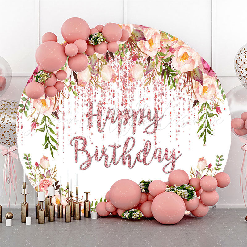 Lofaris Spring Floral Rose Gold Glitter Round Birthday Backdrop