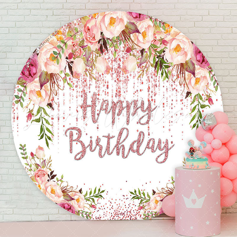 Lofaris Spring Floral Rose Gold Glitter Round Birthday Backdrop