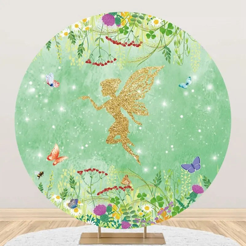 Lofaris Spring Green Floral Gold Elf Round Birthday Backdrop