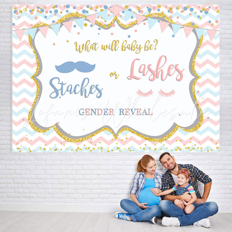 Lofaris Staches or Lashes Pink and Blue Baby Shower Backdrop