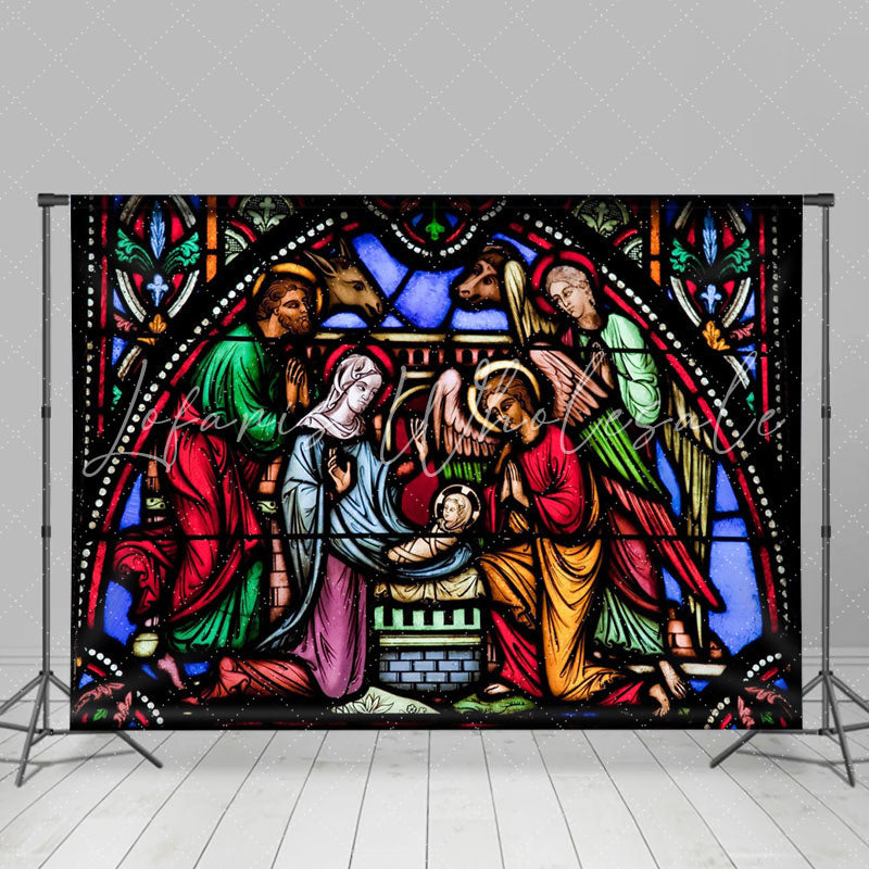 Lofaris Stained Glass Nativity Photo Christmas Backdrop