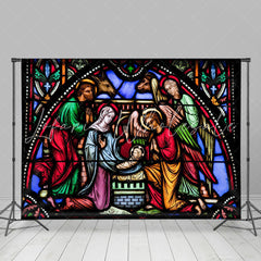 Lofaris Stained Glass Nativity Photo Christmas Backdrop