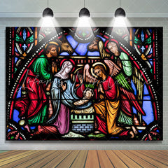 Lofaris Stained Glass Nativity Photo Christmas Backdrop