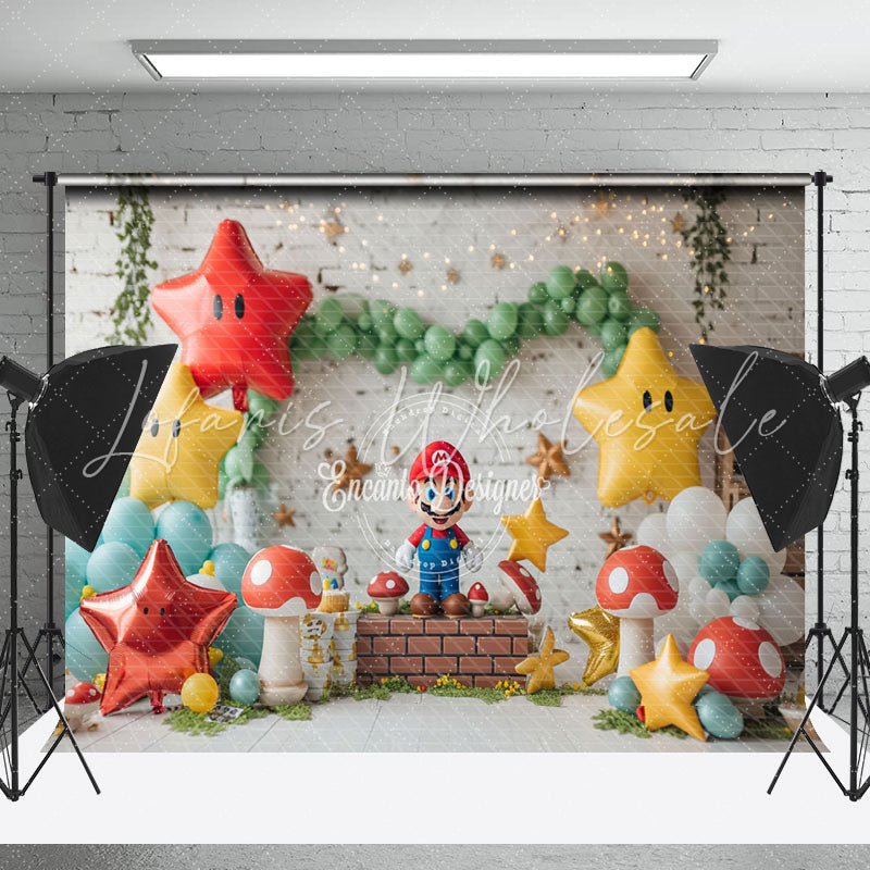 Star Balloon Mushroom Mario Game Cake Smash Backdrop