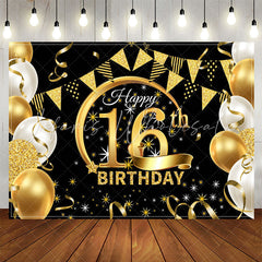 Lofaris Stars Balloons Glitter Black 16th Birthday Backdrop