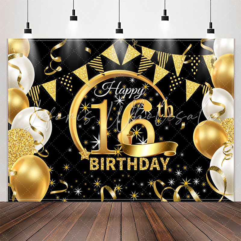 Lofaris Stars Balloons Glitter Black 16th Birthday Backdrop