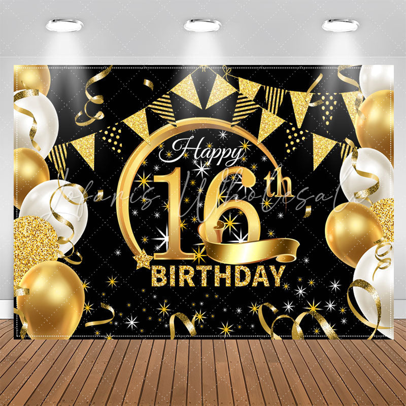 Lofaris Stars Balloons Glitter Black 16th Birthday Backdrop