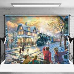 Lofaris Steam Train Path Winter Town Christmas Backdrop