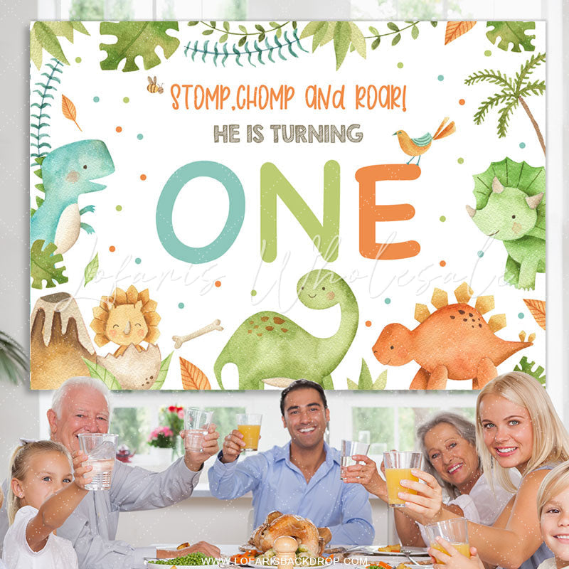 Lofaris Stomp Chomp Roar He Is Turning One Birthday Backdrop