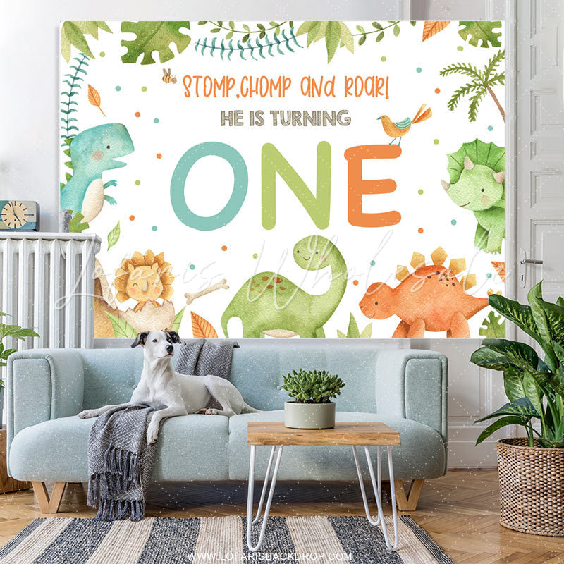 Lofaris Stomp Chomp Roar He Is Turning One Birthday Backdrop