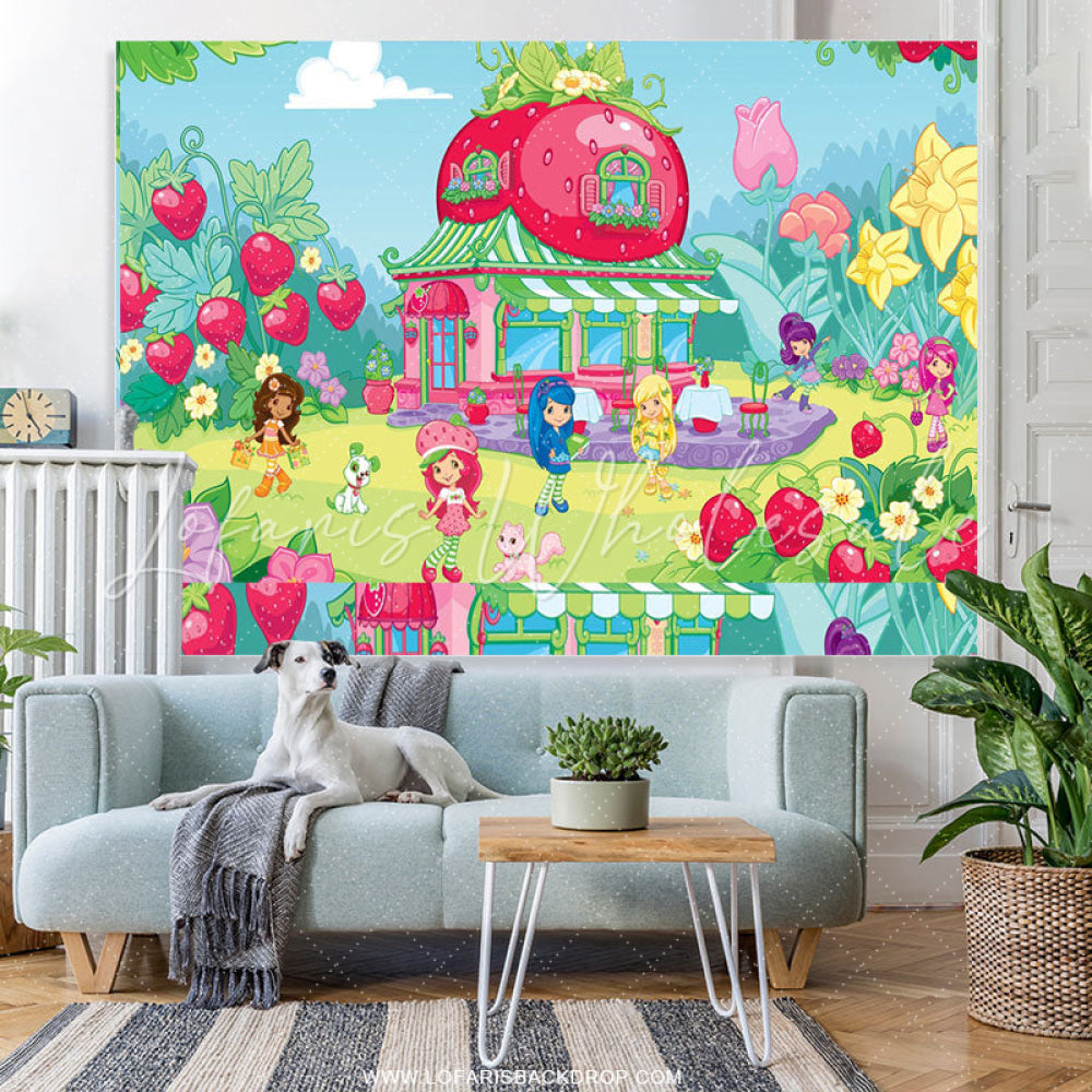 Lofaris Strawberry Girls Pink Green House Floral Party Backdrop