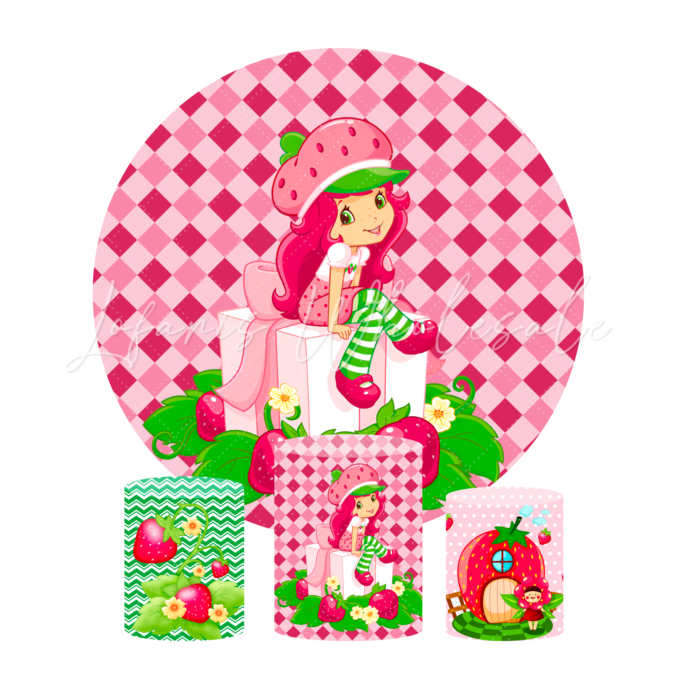 Strawberry Shortcake Happy Birthday Party Round Backdrop Cover Cylinder Pedestal Cloth Cover