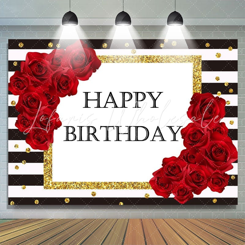 Lofaris Stripes and Red Rose Gold Dots Happy Birthday Backdrop
