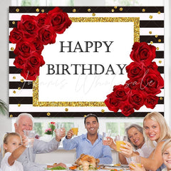 Lofaris Stripes and Red Rose Gold Dots Happy Birthday Backdrop