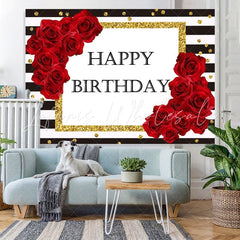 Lofaris Stripes and Red Rose Gold Dots Happy Birthday Backdrop