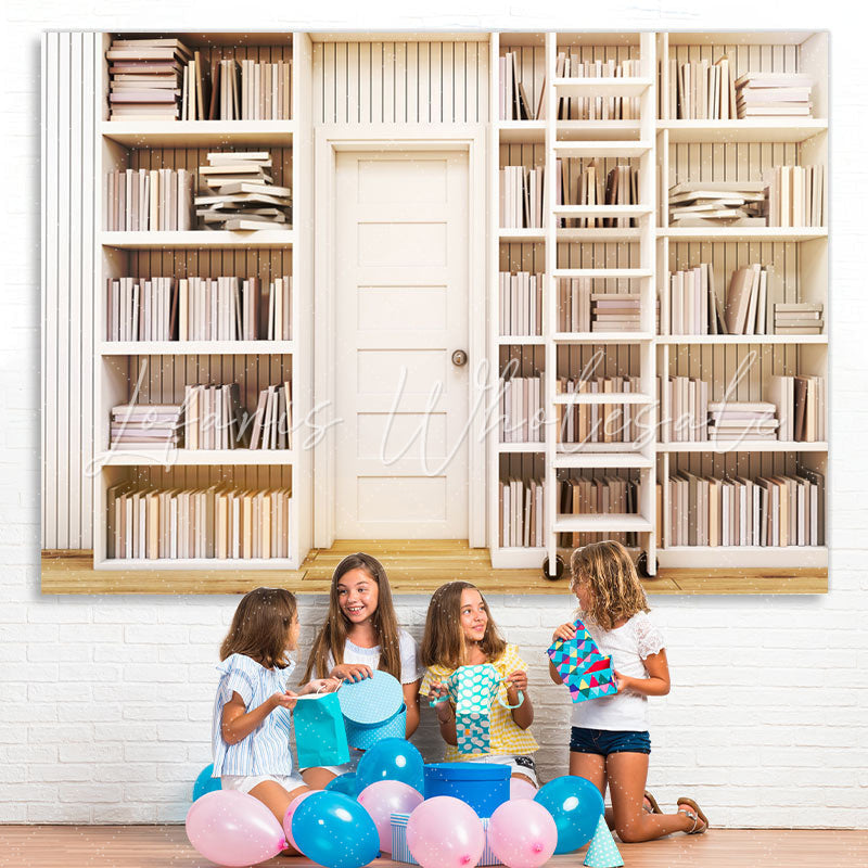 Lofaris Study room white bookshelves back to school backdrop