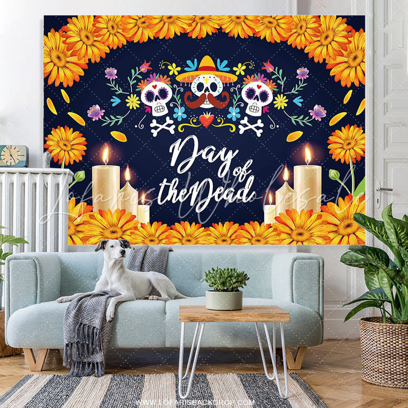 Lofaris Sugar Skull Yellow Sunflower Photo Holiday Backdrop For Family