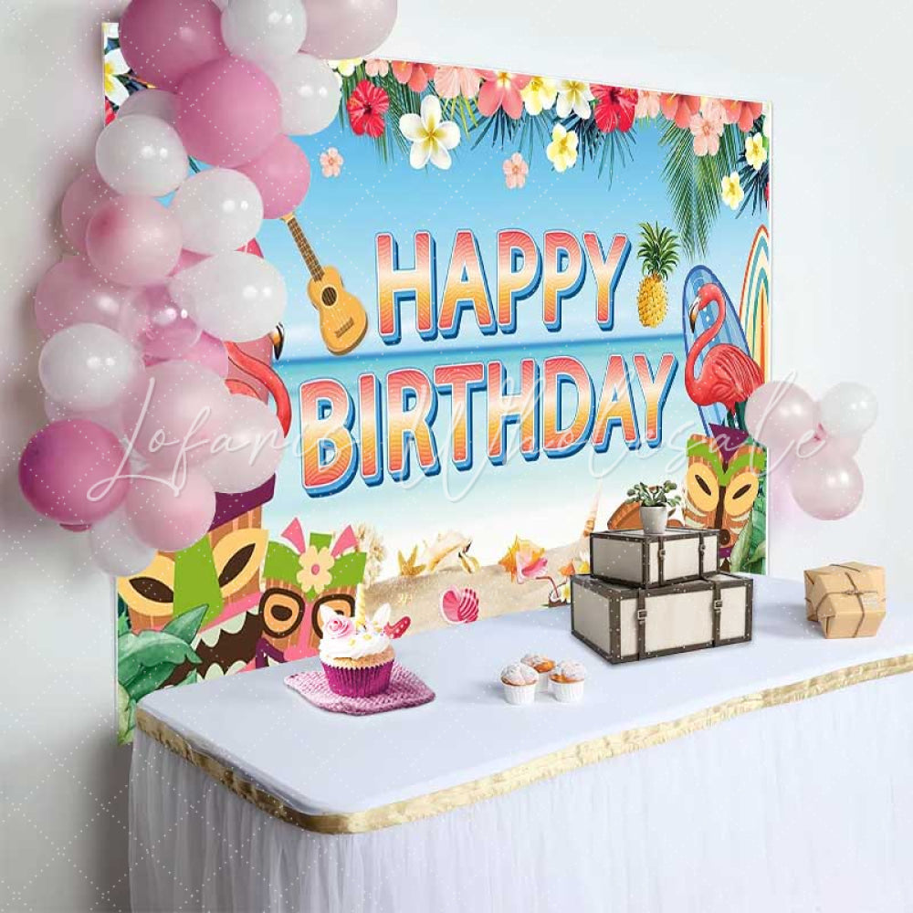Summer Floral Hawaiian Tropical Luau Happy Birthday Backdrop