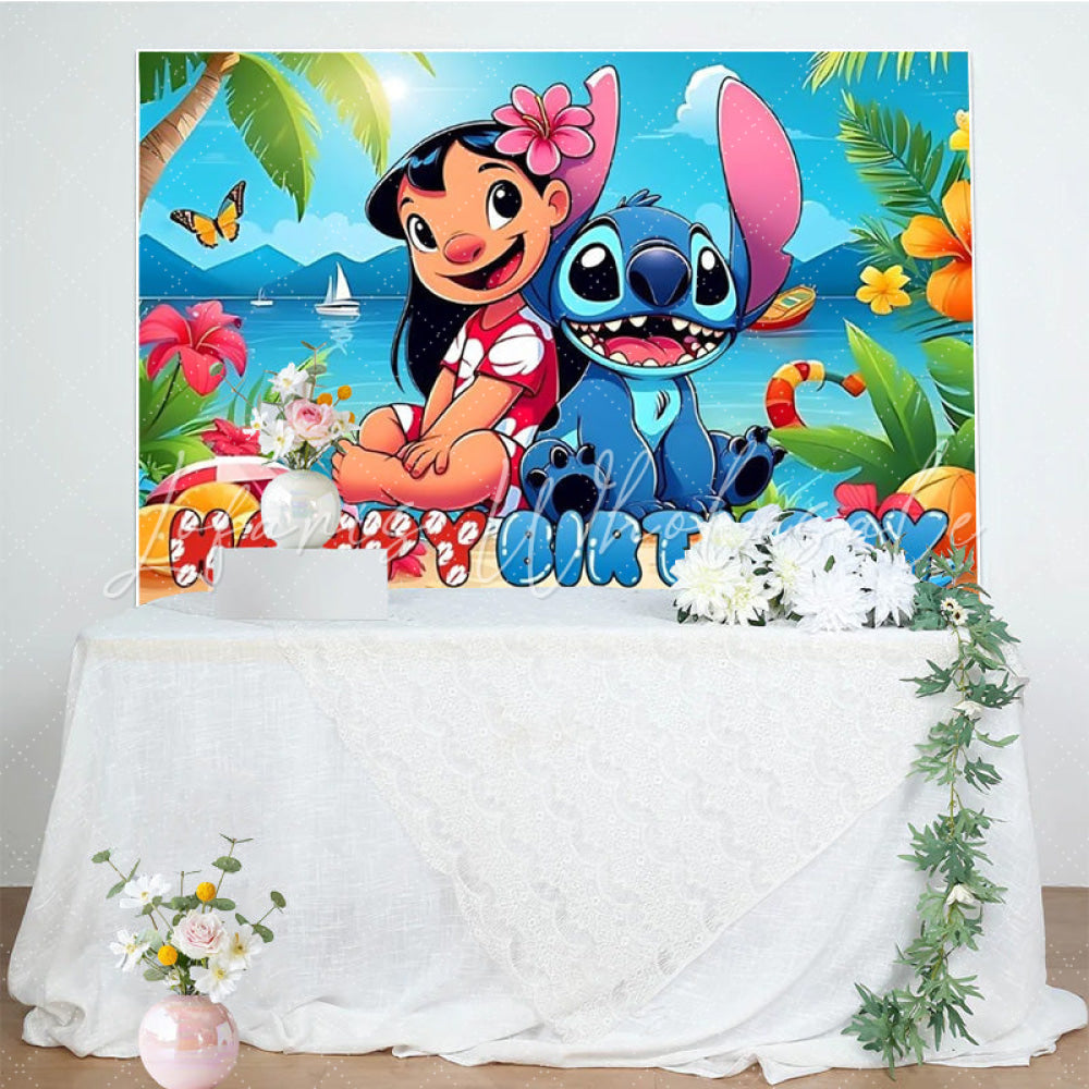 Summer Hawaii Beach Stitch Blue Monster Happy Birthday Backdrop
