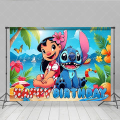 Summer Hawaii Beach Stitch Blue Monster Happy Birthday Backdrop