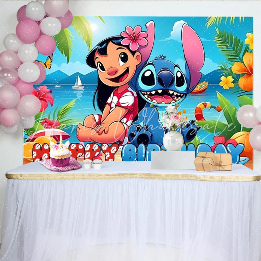 Summer Hawaii Beach Stitch Blue Monster Happy Birthday Backdrop