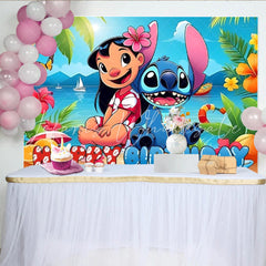 Summer Hawaii Beach Stitch Blue Monster Happy Birthday Backdrop