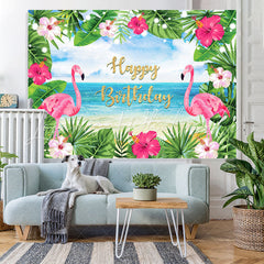 Lofaris Summer Sea Pink Flamingos and Leaves Birthday Backdrop