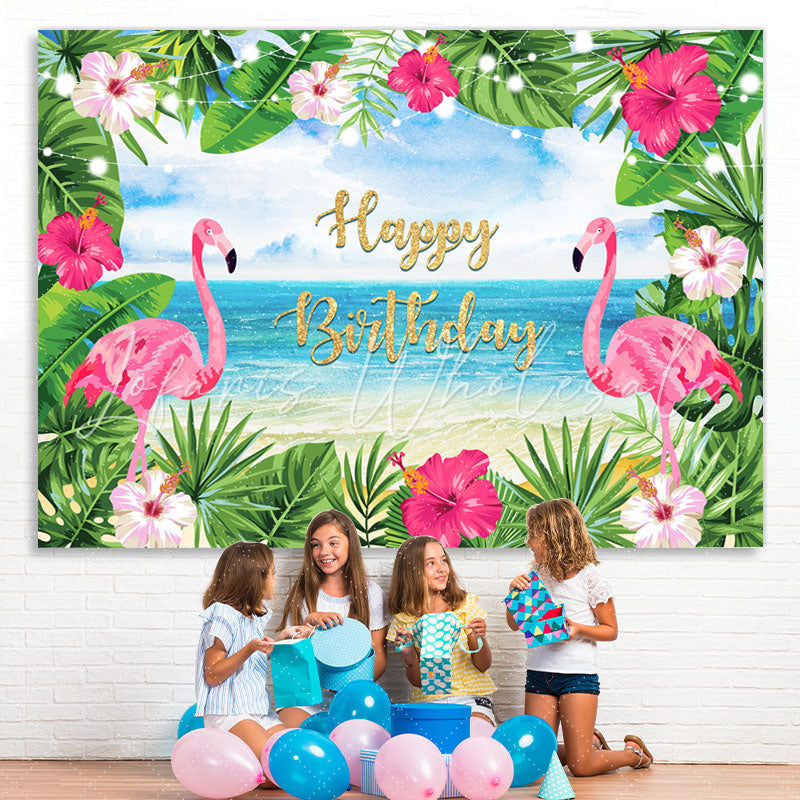 Lofaris Summer Sea Pink Flamingos and Leaves Birthday Backdrop