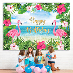 Lofaris Summer Sea Pink Flamingos and Leaves Birthday Backdrop