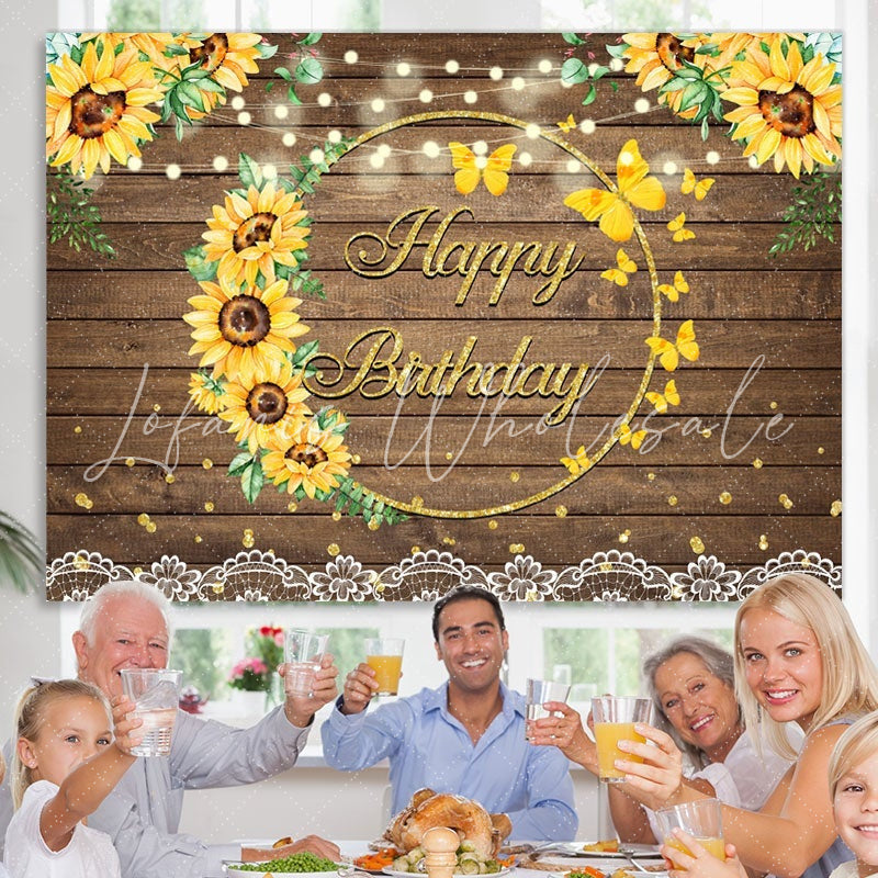 Lofaris Summer Sunflower Wood Pattern Girls Birthday Backdrop