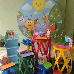 Lofaris Sun And Blue Sky Round Little Animals Birthday Backdrop