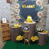 Lofaris Sunflorals And Gold Stripes Round Black Birthday Backdrop